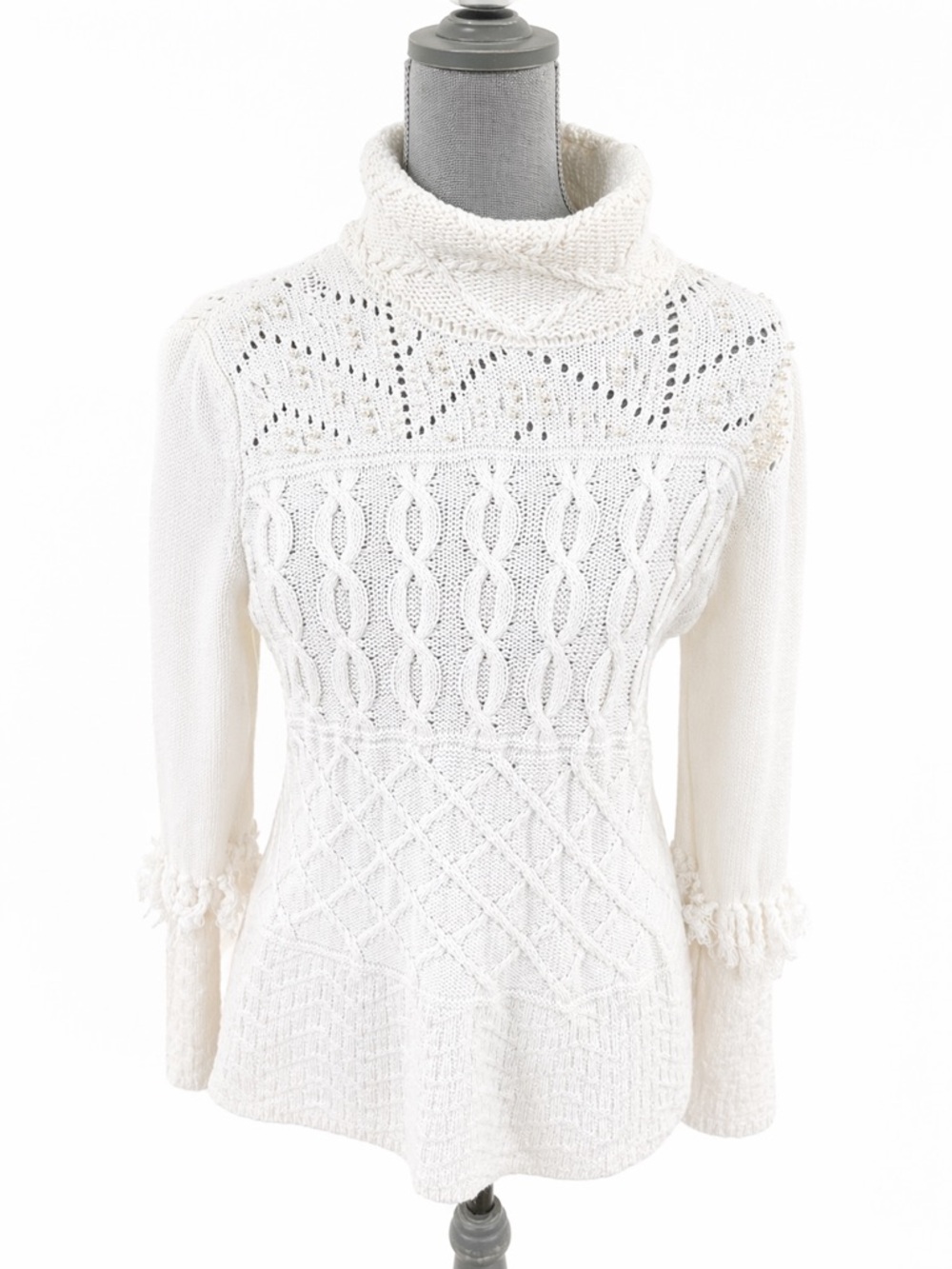 White House Black Market Cable Knit Turtleneck Sweater Pearl Embellished Size S
